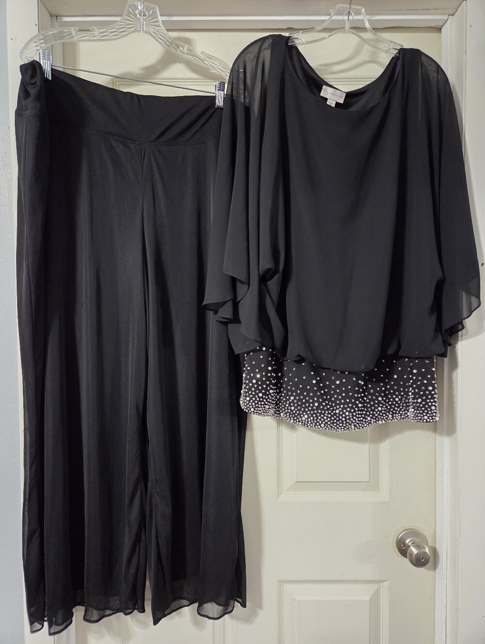 CB Established 1962 2-Piece Evening Pants Set Black Chiffon Rhinestone Blouse